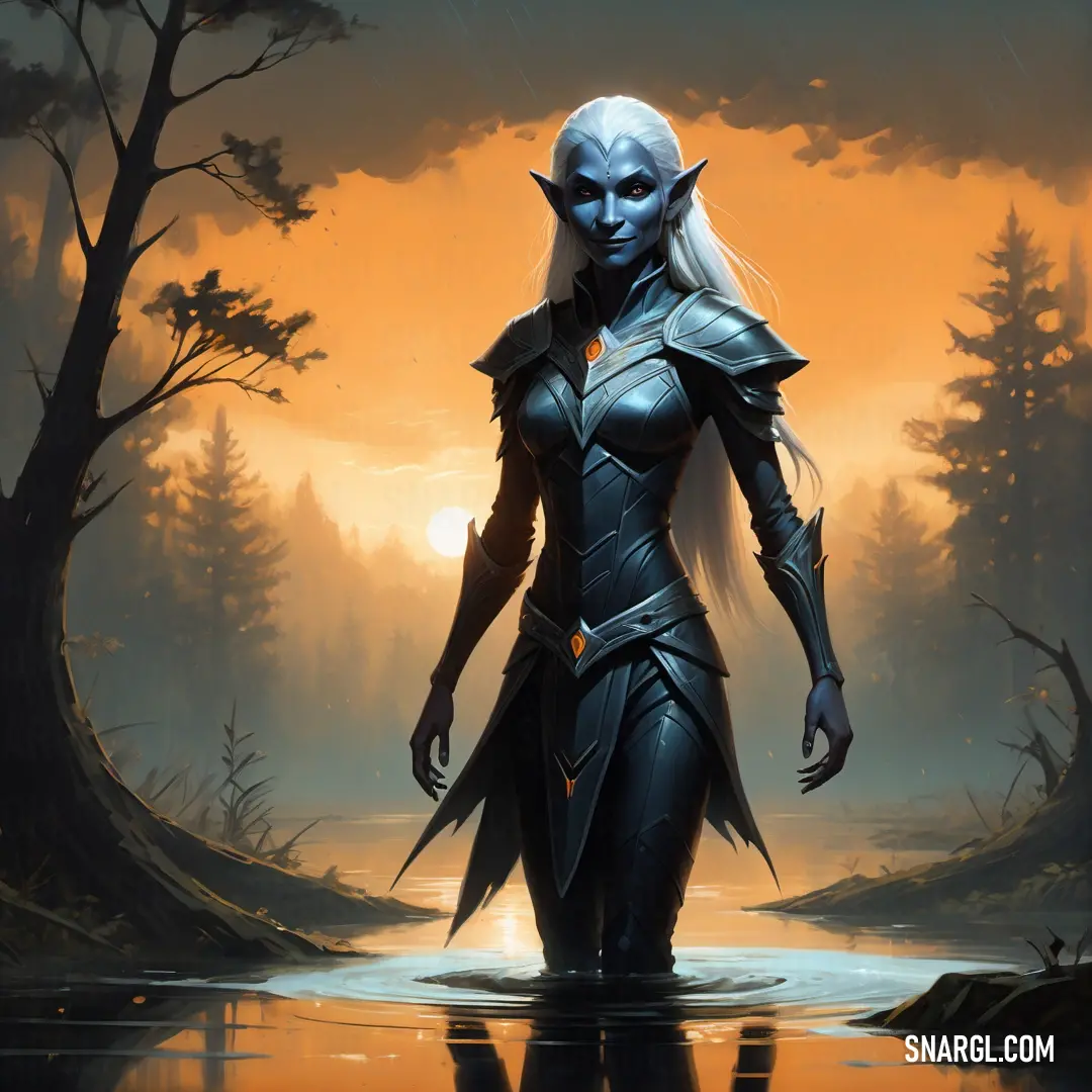 Drow in a fantasy setting walking through a swampy area with trees and a sunset in the background