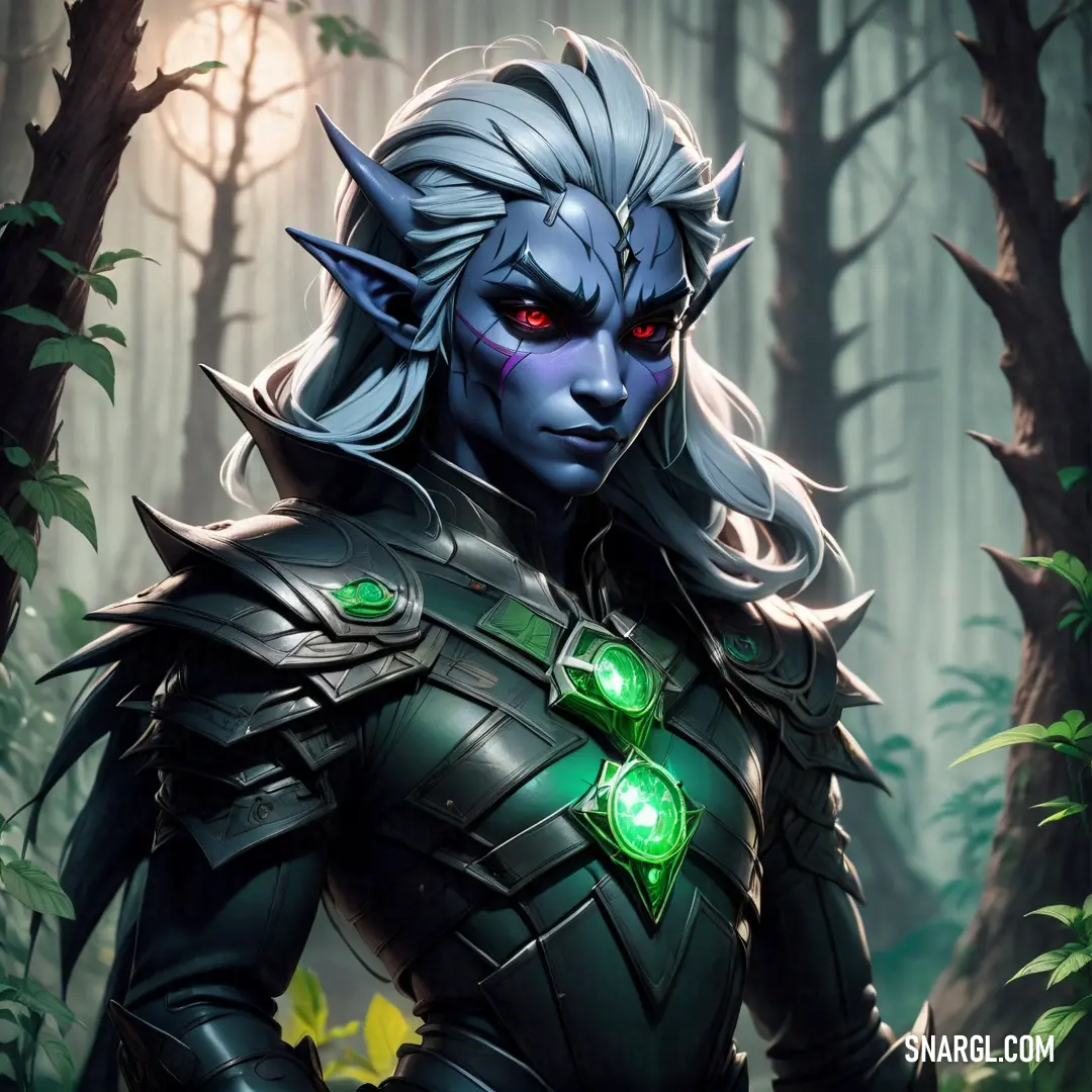Drow in a forest with green lights on her face