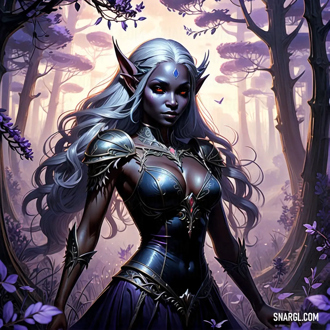 Drow in a forest with a horned face and horns on her head