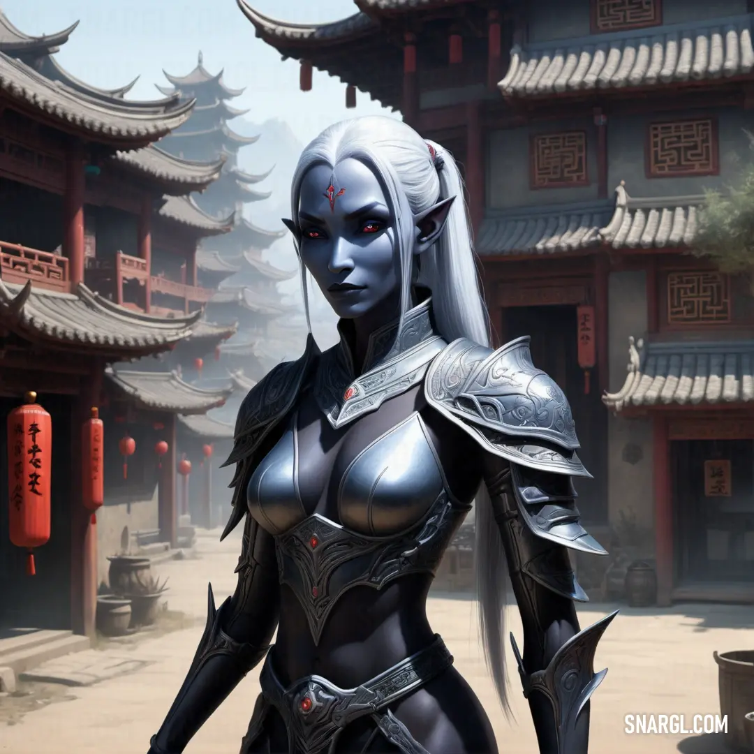 Drow in a futuristic outfit standing in front of a building with oriental architecture in the background