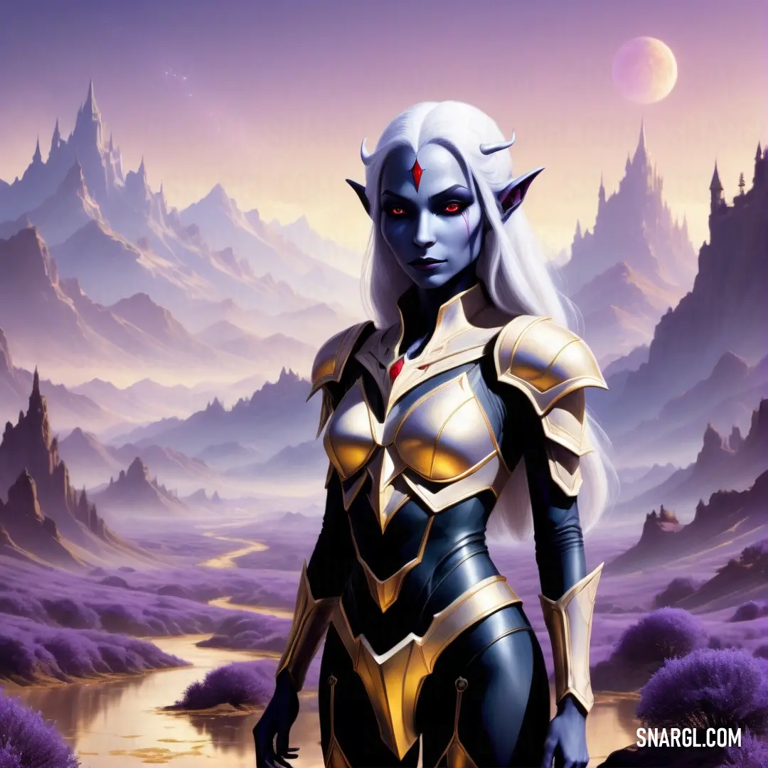 Drow in a futuristic suit standing in a desert area with mountains in the background