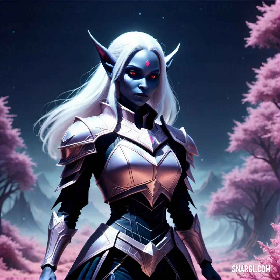 Drow in a futuristic suit standing in a forest with pink trees and bushes in the background