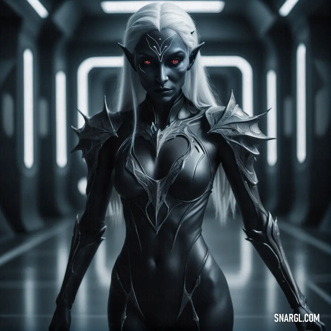 Drow in a futuristic suit with red eyes and a demon like outfit on a dark background