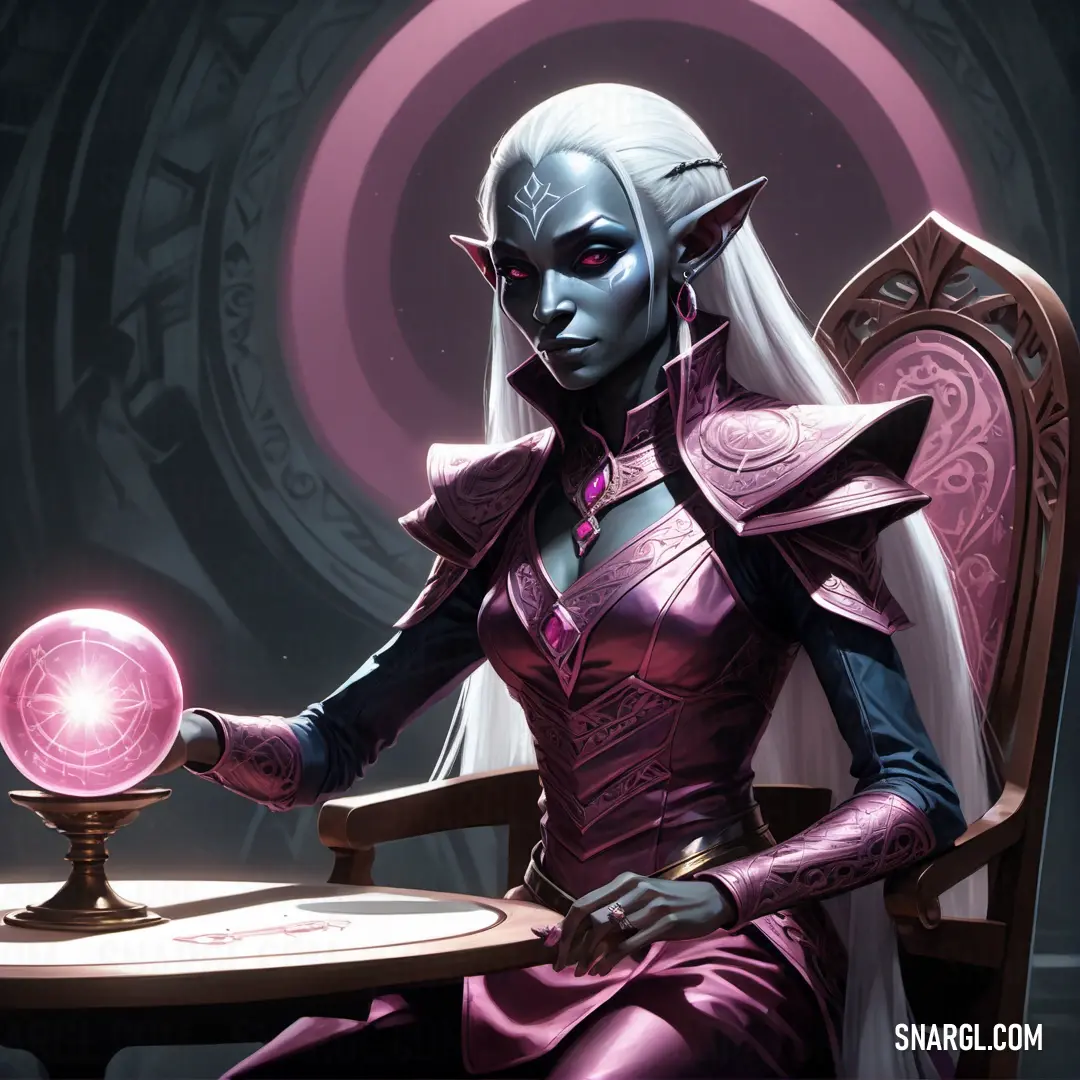 Drow in a purple dress holding a crystal ball in her hand and at a table