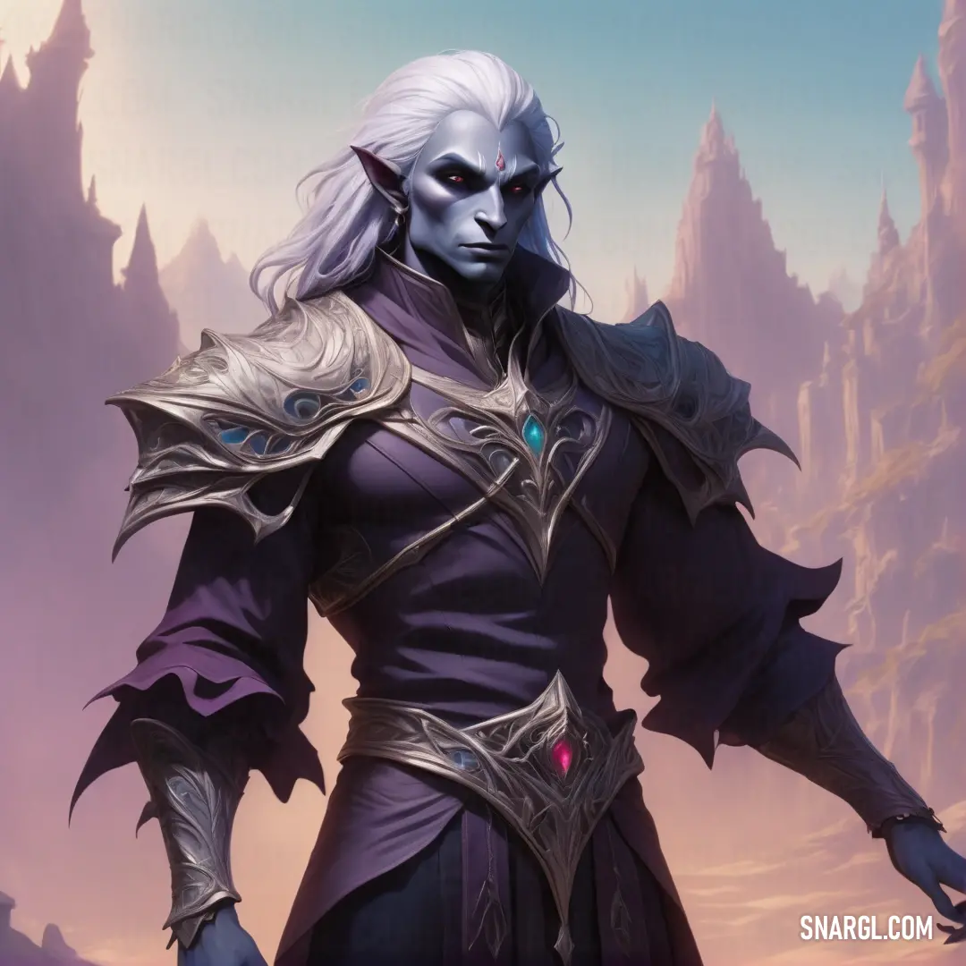 Drow in a purple outfit standing in front of a mountain range with a sword in her hand and a demon face on her chest