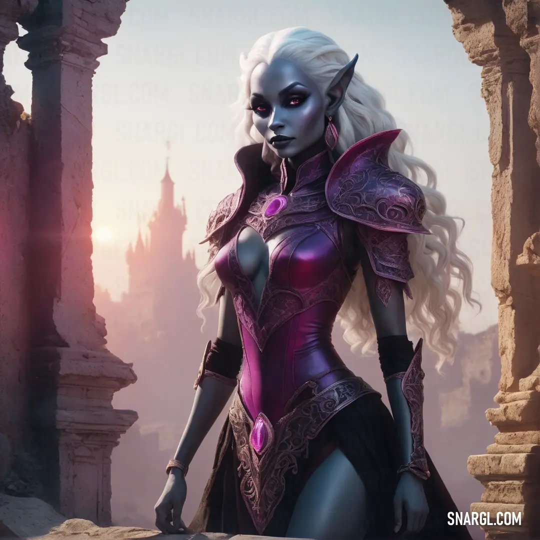 Drow in a purple outfit standing in front of a castle wall with a sword in her hand