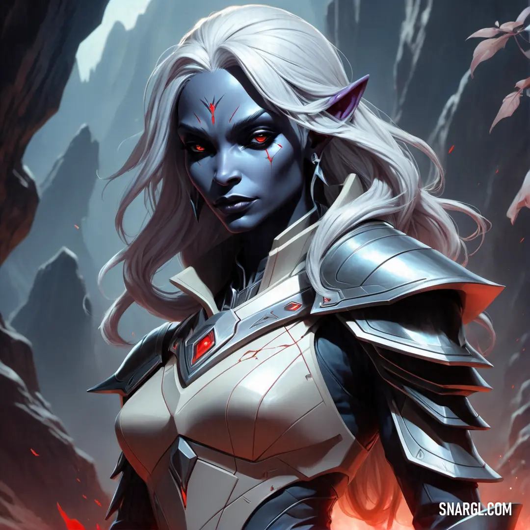 Drow in a white outfit with red eyes and horns on her head