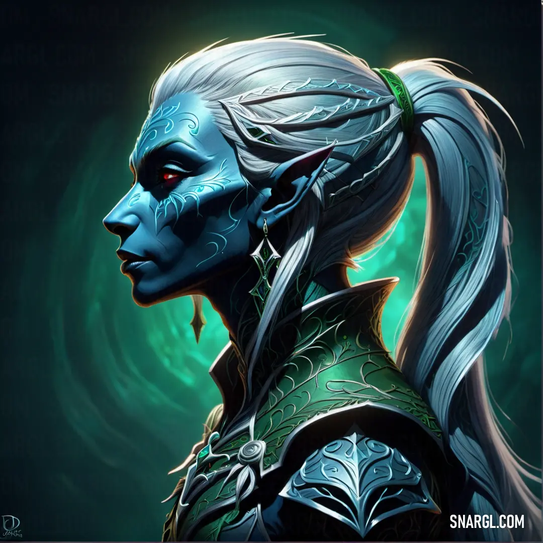 Drow with a blue face and long hair wearing a blue mask and a green dress