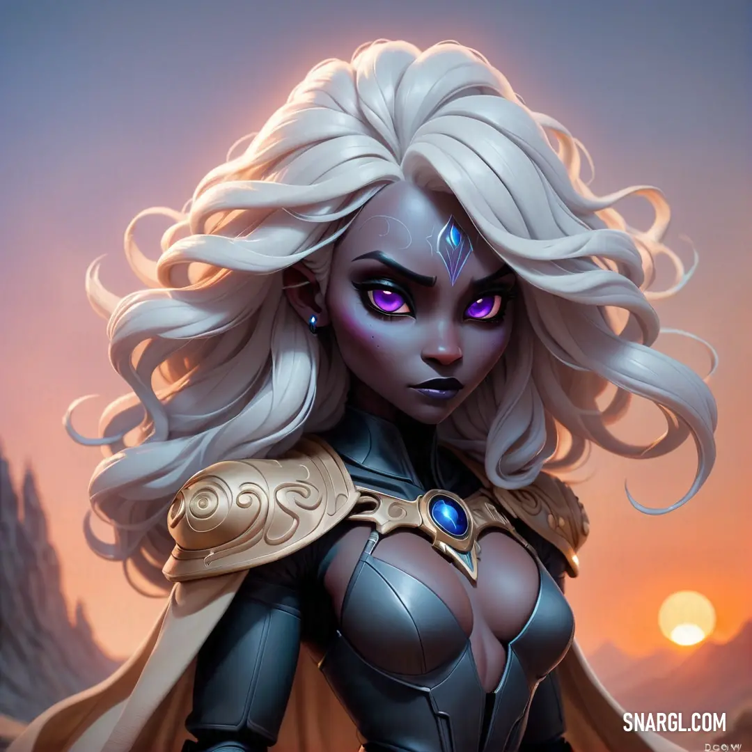 Drow with blonde hair and blue eyes wearing a cape and caped outfit with a sword in her hand