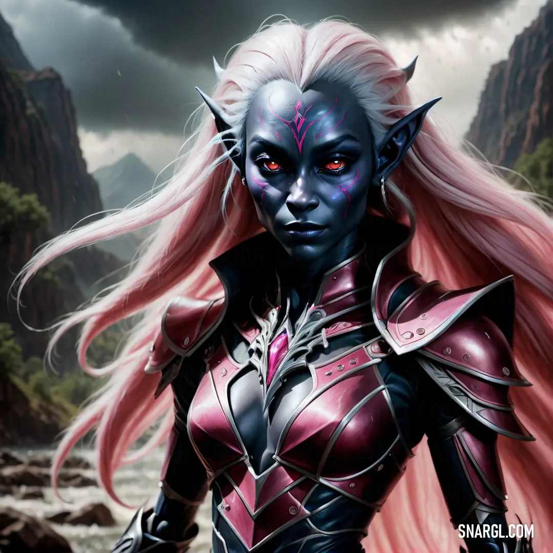 Drow with pink hair and a black outfit with horns and horns on her head