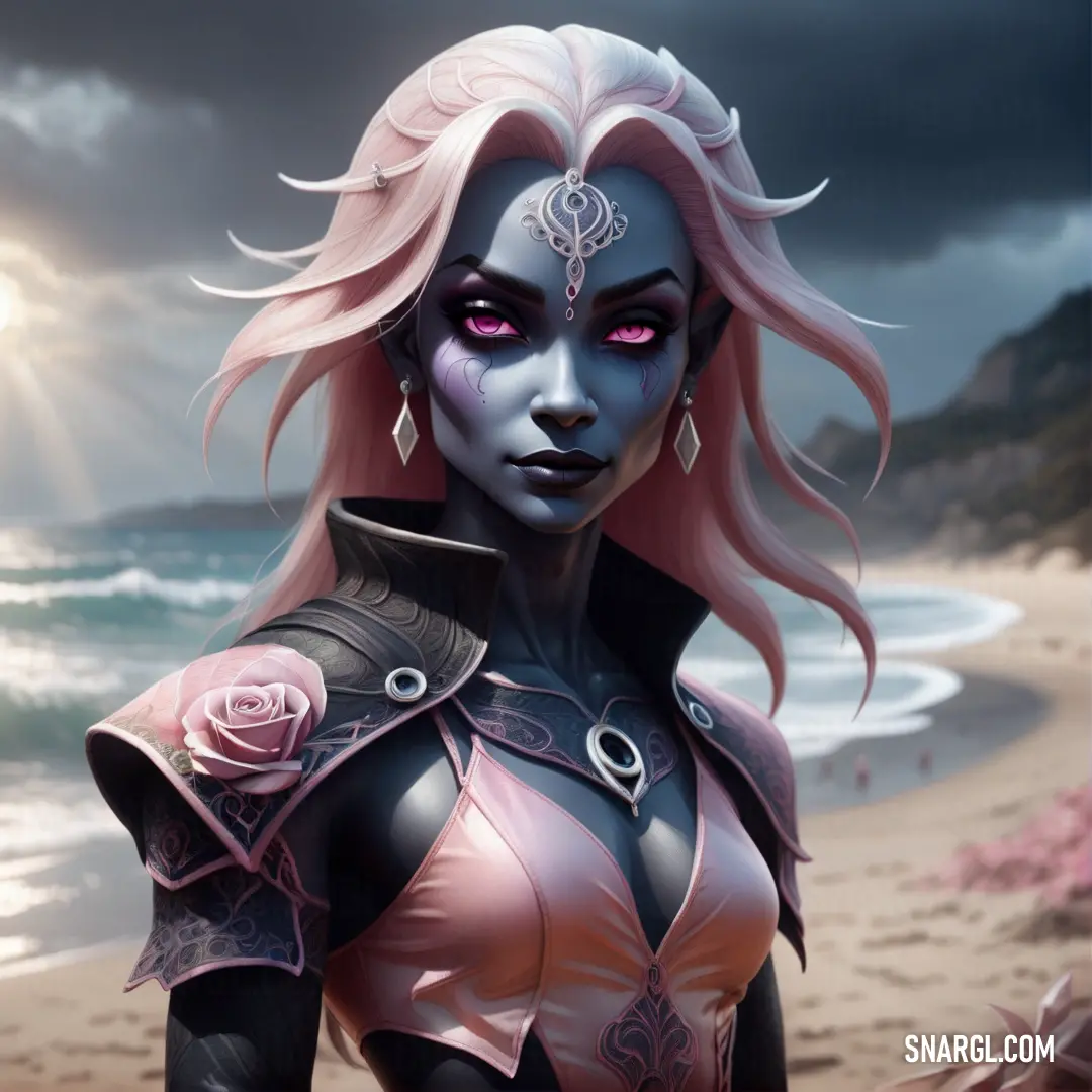 Drow with pink hair and a black outfit on a beach with a pink rose in her hand and a dark sky in the background