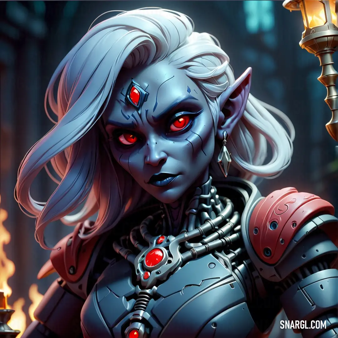 Drow with red eyes and a white hair wearing a costume with a sword in her hand