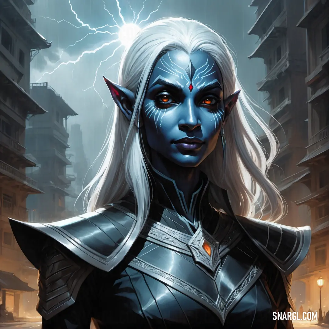 Drow with white hair and blue skin wearing a black outfit and lightning in the background