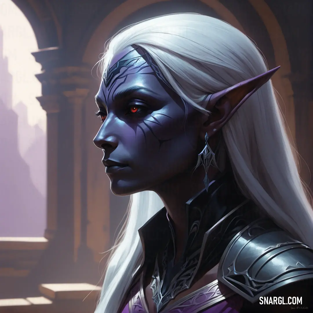 Drow with white hair and blue makeup wearing a costume and a horned headpiece with horns