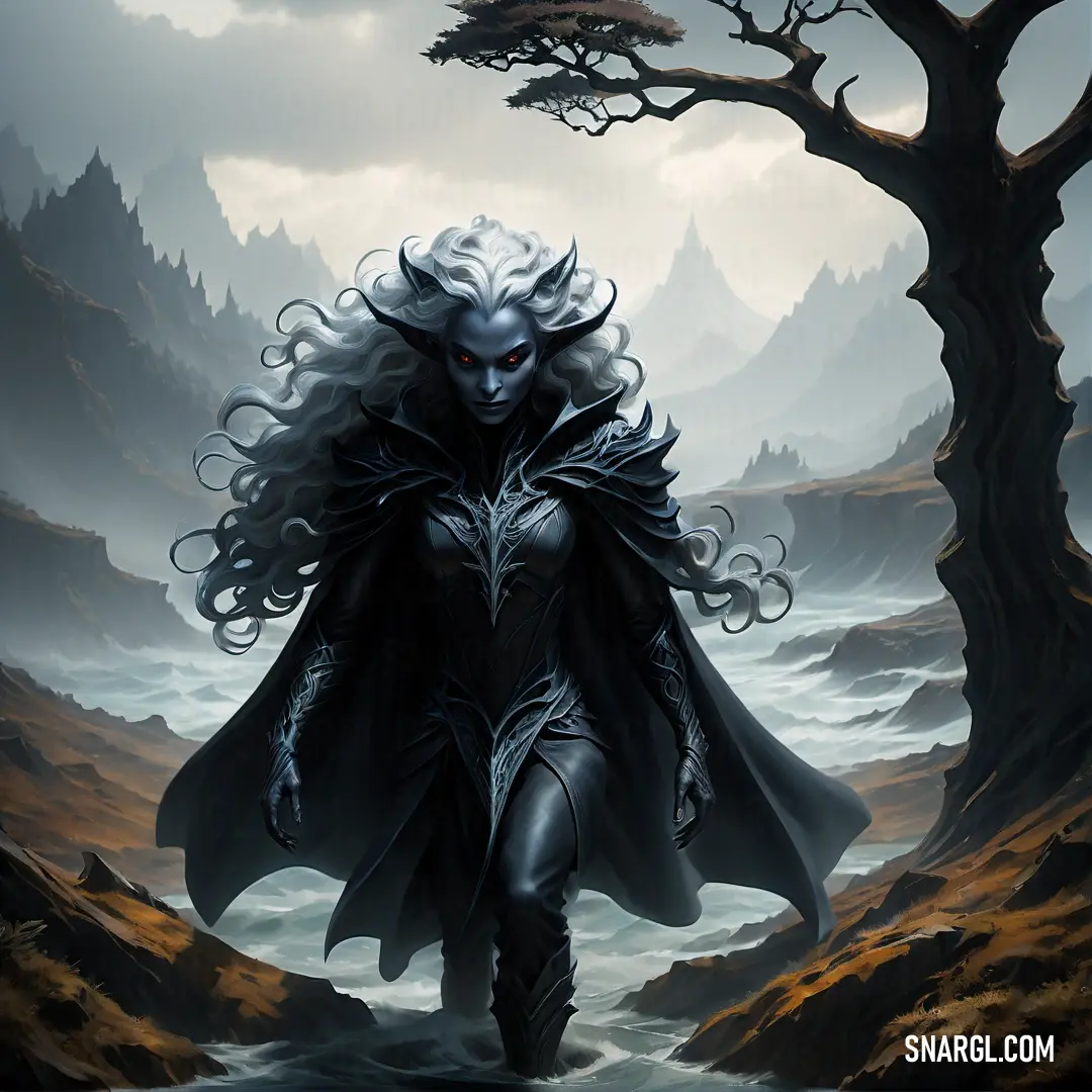 Drow with white hair and a black outfit is walking through a river in a forest with a tree