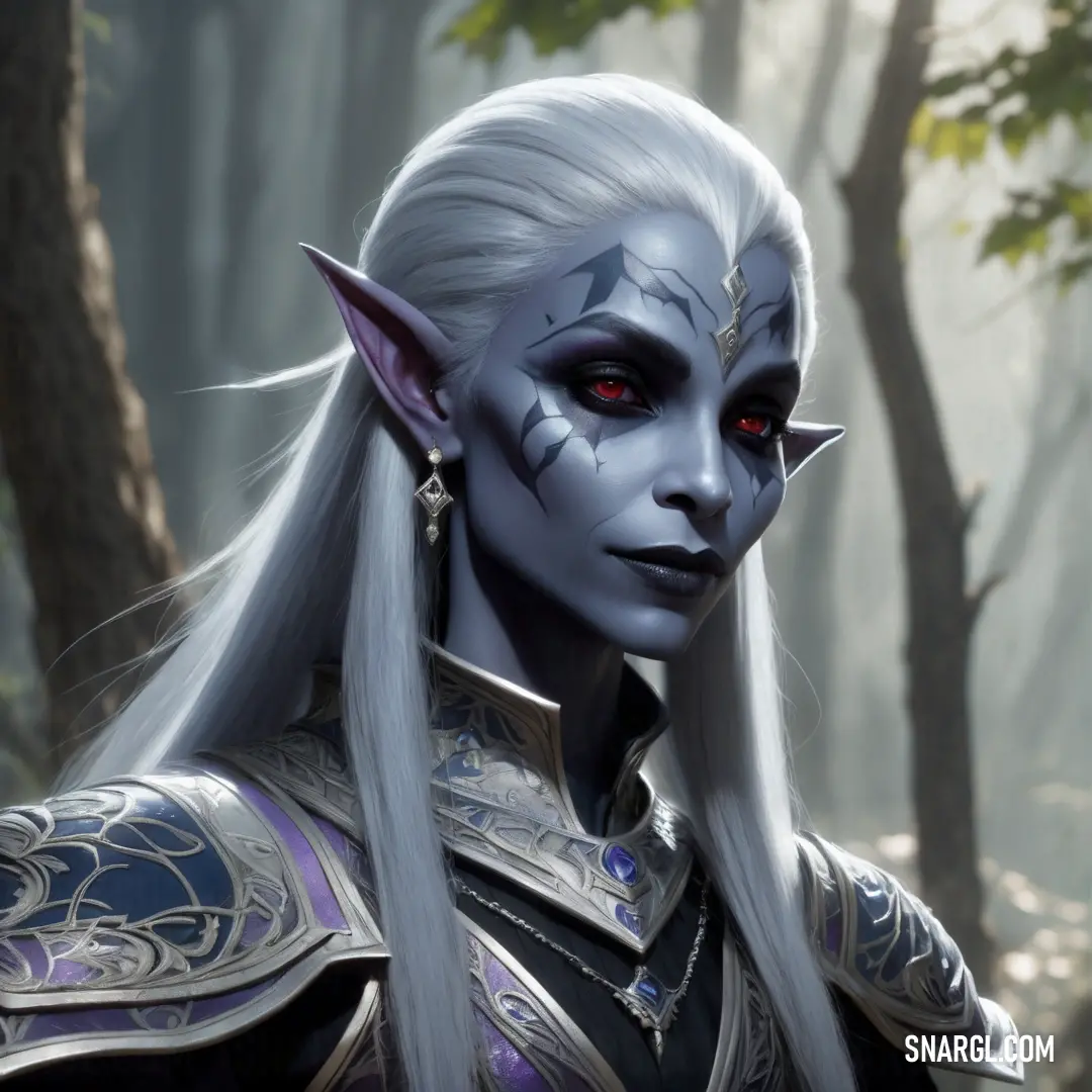 Drow with white hair and a white face and white hair and a white nose and nose ring and a forest background