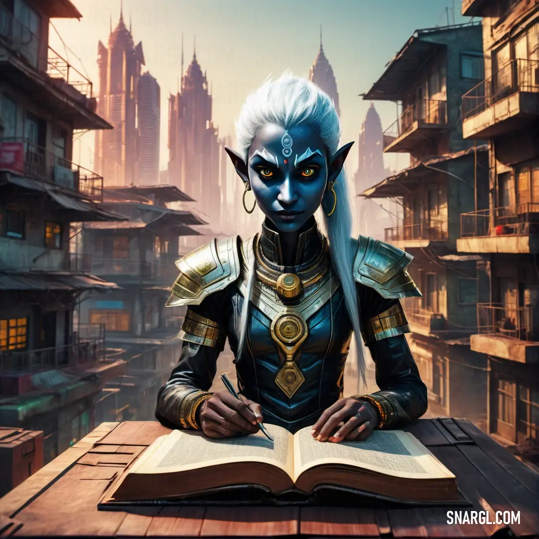 Drow with white hair and blue makeup is reading a book in a city setting with buildings and a cat