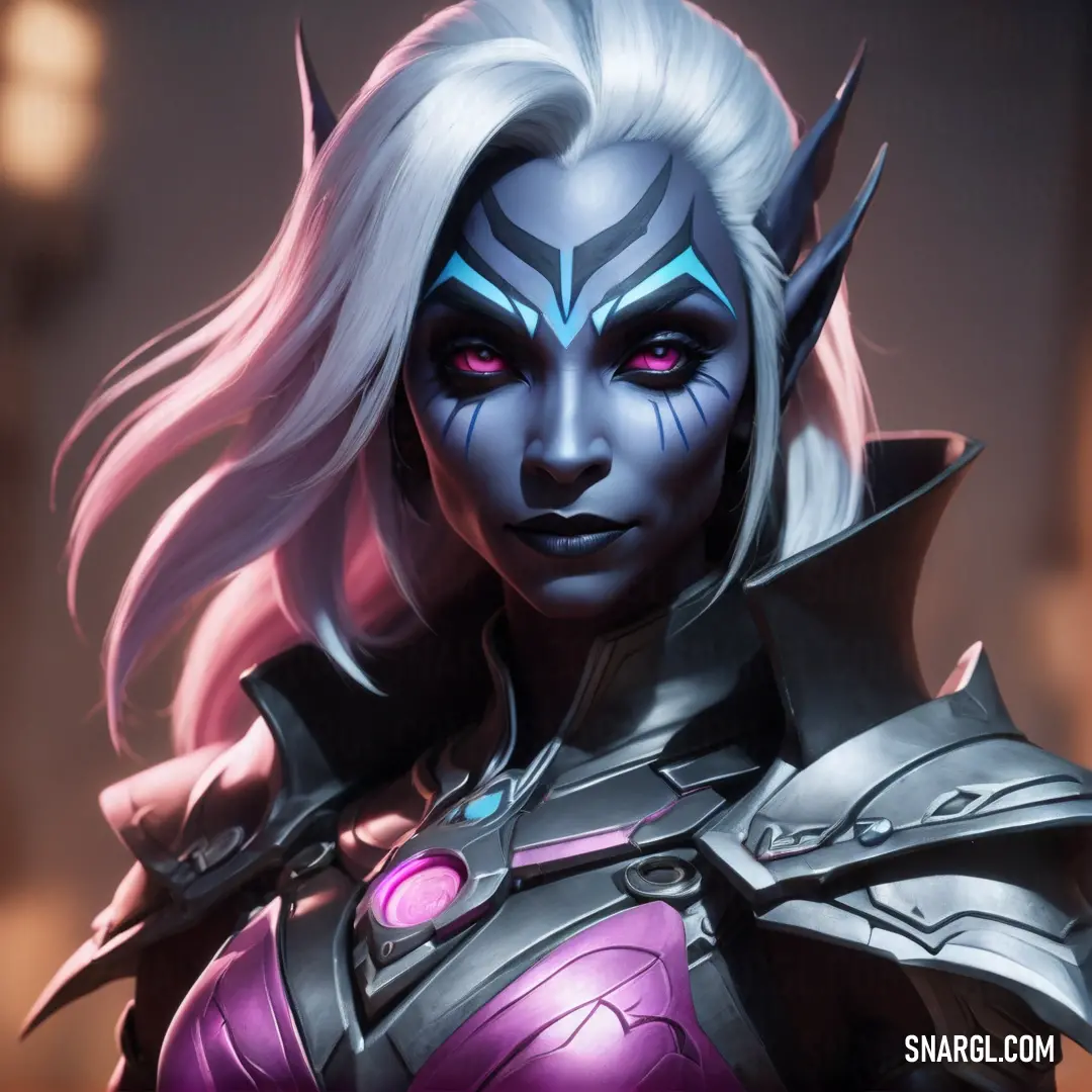 Drow with white hair and blue eyes wearing a purple outfit and a black helmet with horns