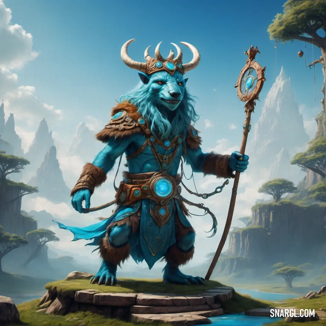 Blue troll with a staff and a blue hat on a rock in a forest with a lake and mountains