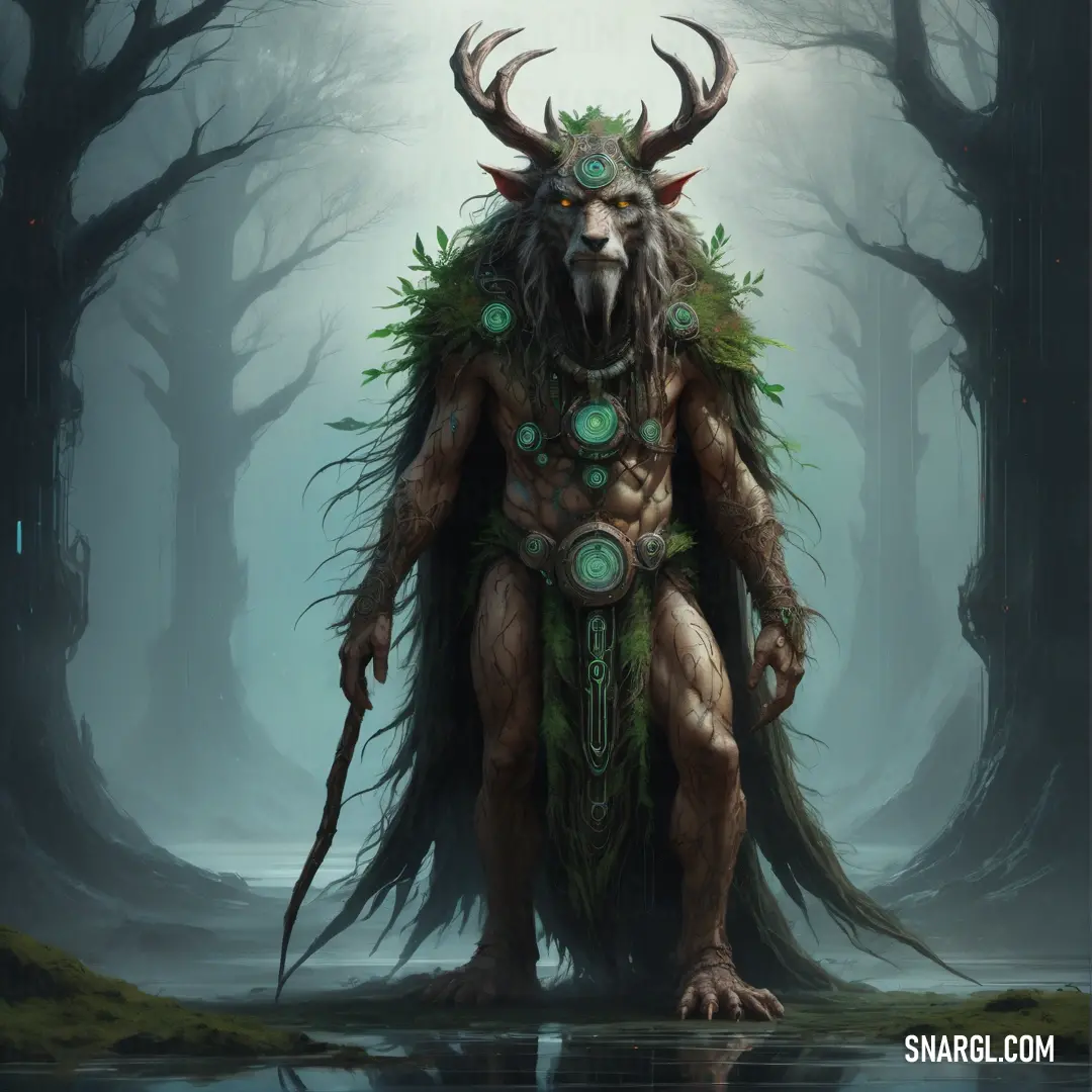 Druid with horns and a horned face standing in a forest with trees and water in the background