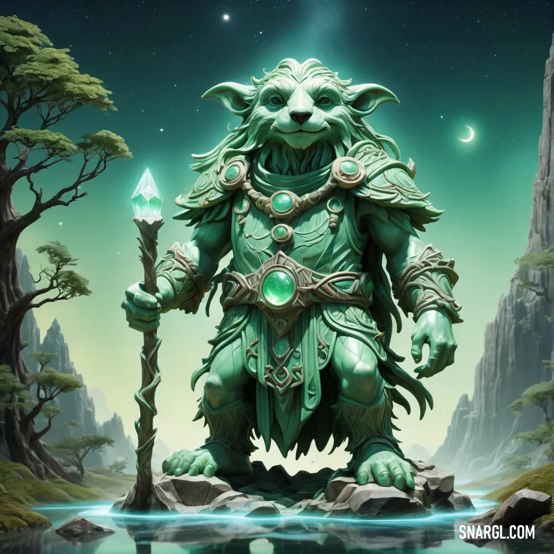 Green Druid with a staff standing in a forest next to a lake and a moon in the sky