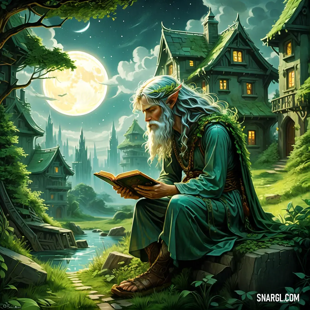 Druid on a rock reading a book in front of a full moon and a castle with a lake