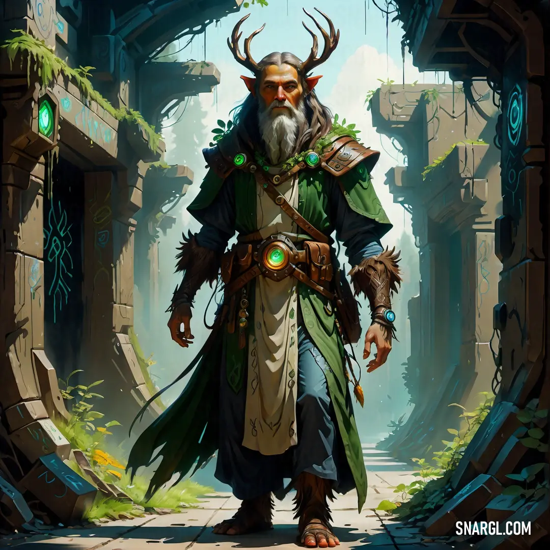 Druid with a beard and a beard standing in a tunnel with a horned head and horns on his head