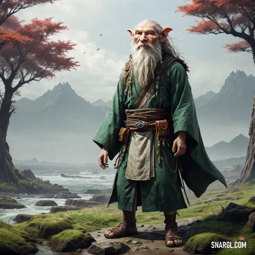 Druid with a beard and a green outfit standing in a forest with mountains in the background
