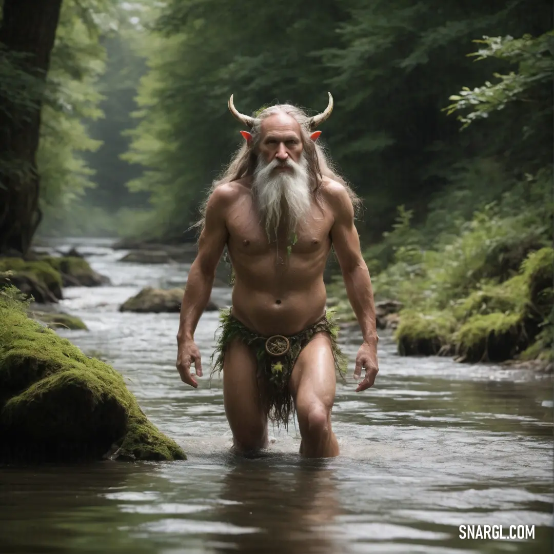 Druid with a beard and horns walking in a river with mossy rocks and trees in the background