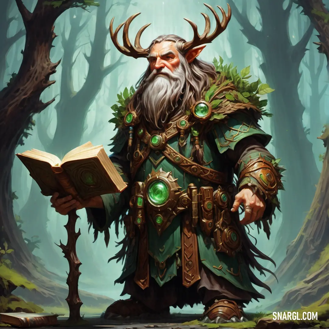 Druid with a beard and a green outfit standing in a forest with mountains in the background