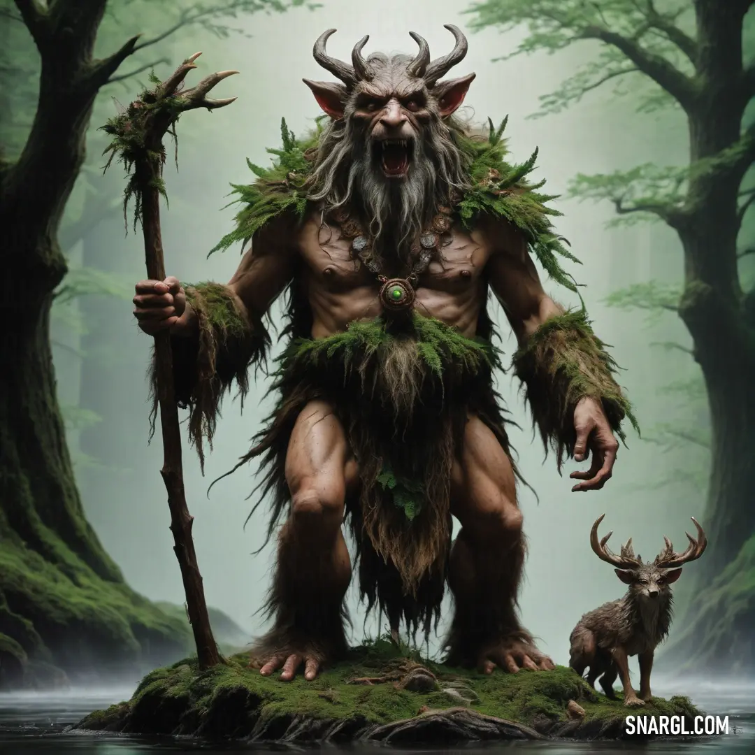 Druid with a horned face and horns standing in a forest with a deer and a staff in front of him
