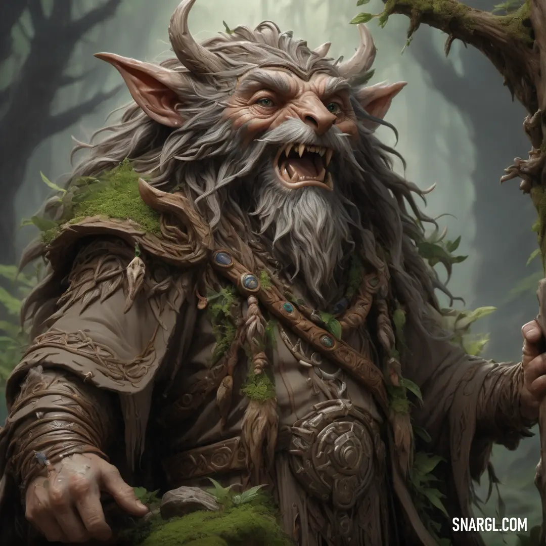 Druid with a horned face and beard holding a stick in a forest with trees and bushes on either side of him