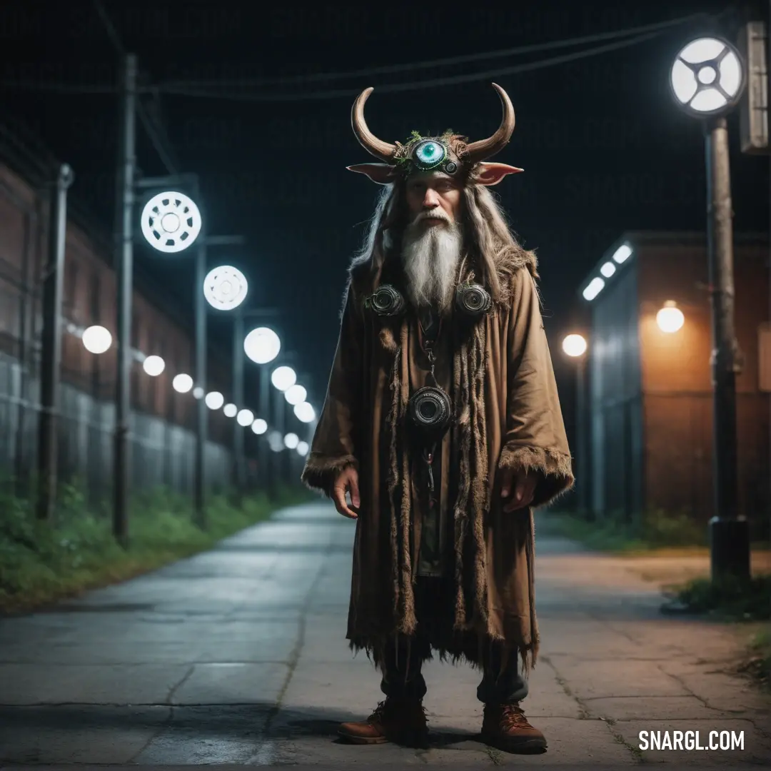 Druid with a horned head and long beard standing on a sidewalk at night with lights on the street