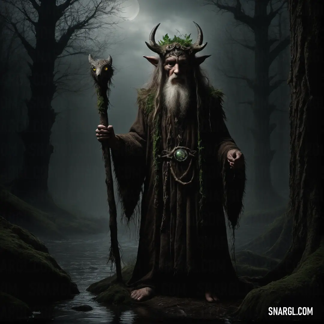 Druid with a horned head and long beard holding a staff in a forest at night with a full moon