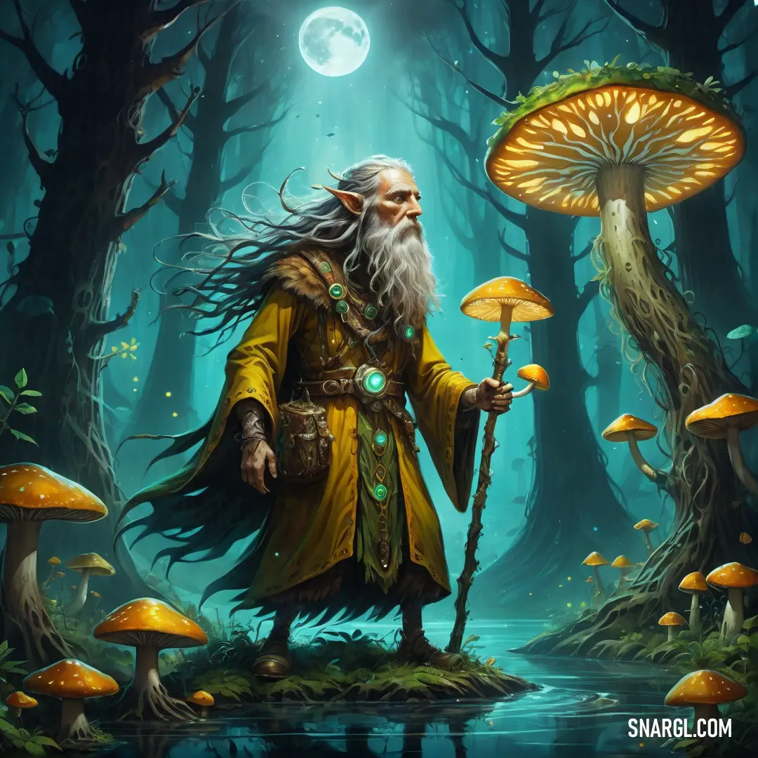Druid with a long beard and a long beard standing in a forest with mushrooms