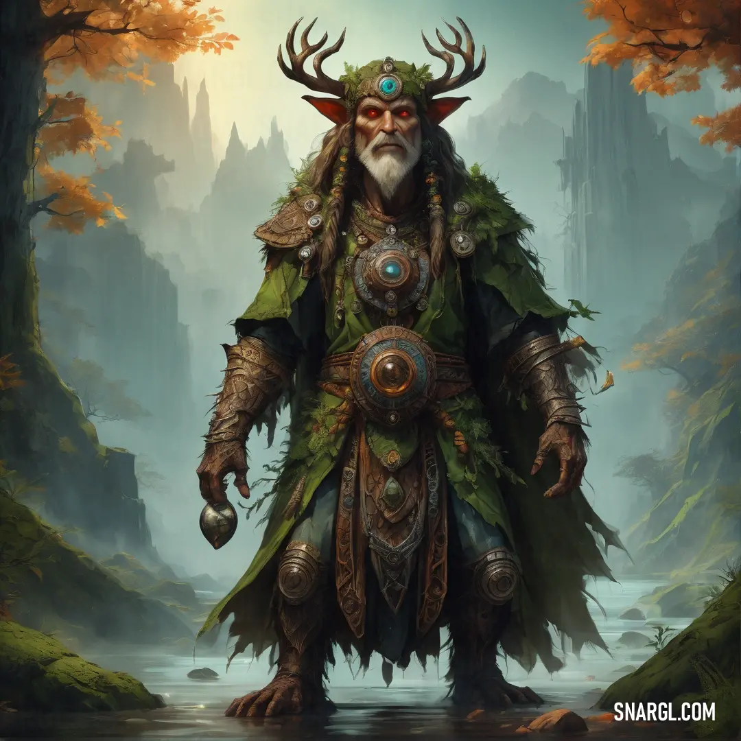 Druid with horns and a beard standing in a forest with a river and trees in the background