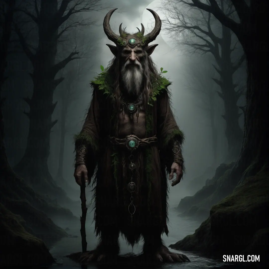 Druid with horns and a beard standing in a forest with a staff in his hand and a green ring around his neck