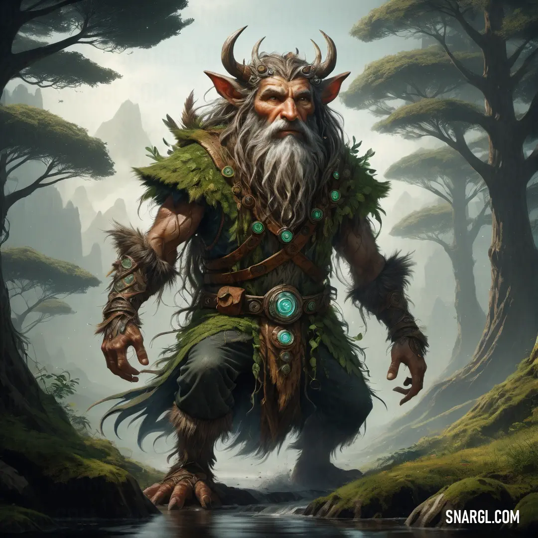 Painting of a troll with horns and a beard standing in a forest with a stream in front of him