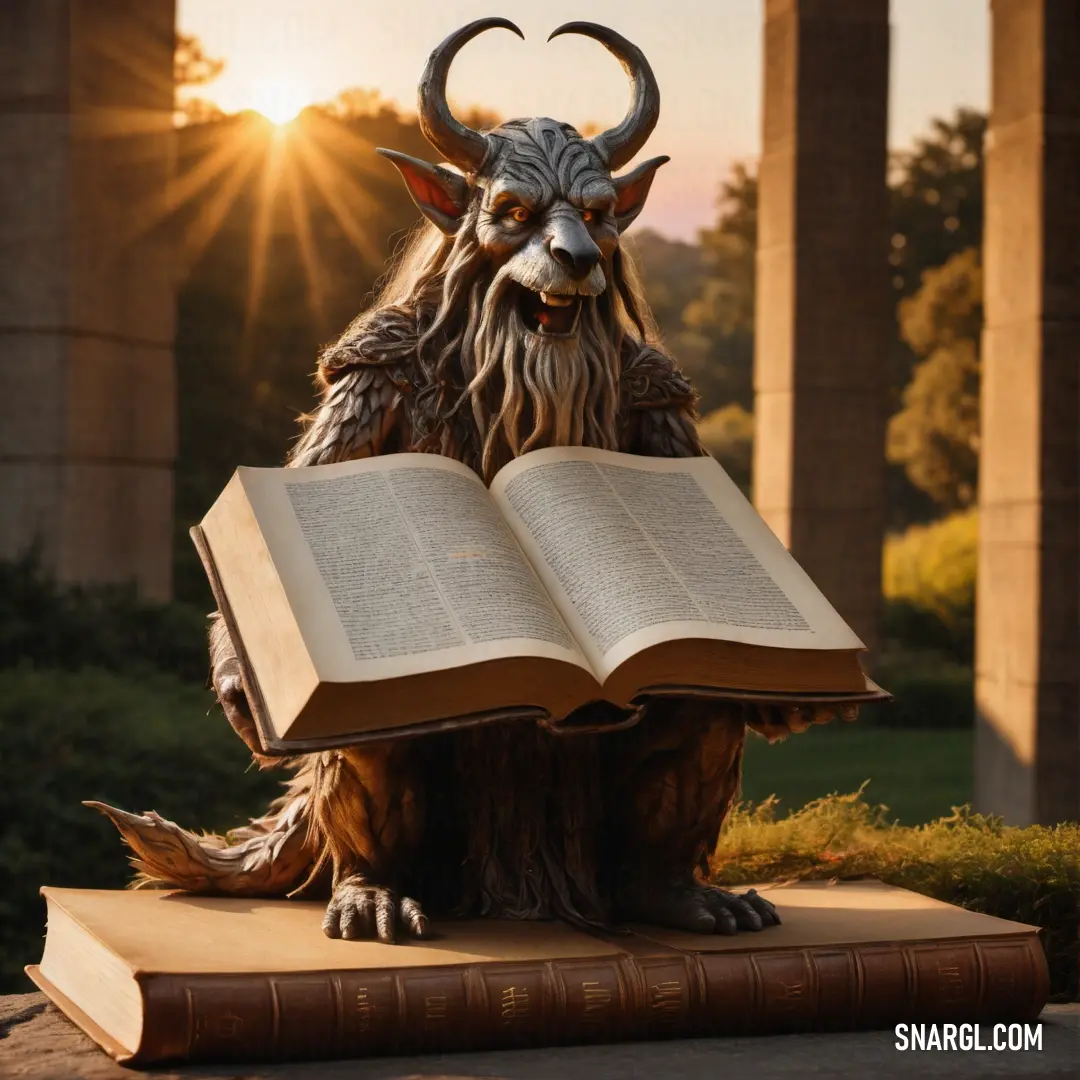 Statue of a horned Druid holding a book in its paws