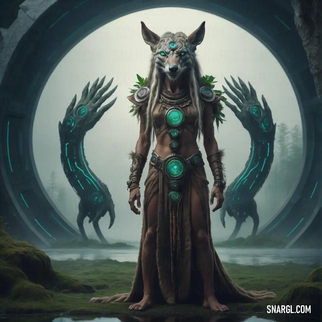 Druid in a costume with horns and a demon head on her head