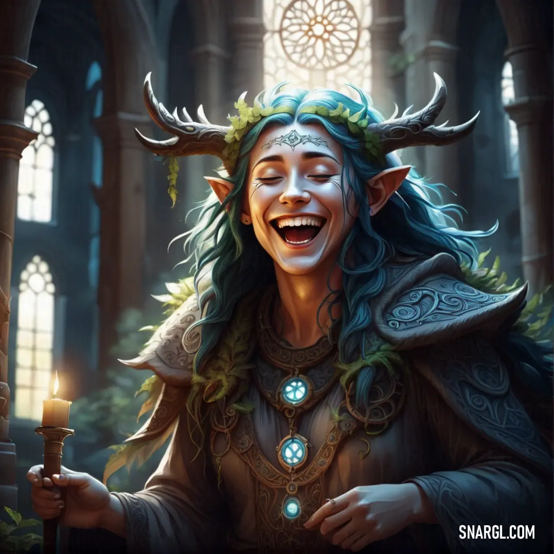 Druid with horns and a horned head holding a candle in her hand and laughing at the camera
