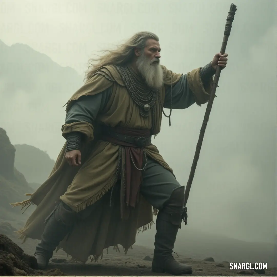 Druidic Sage with a long white beard and brown outfit, holding a stick in a peaceful landscape. A Druidic Sage with a flowing white beard holds a sturdy stick, wearing a long brown outfit. His serene expression and wise demeanor blend harmoniously with the natural landscape around him.