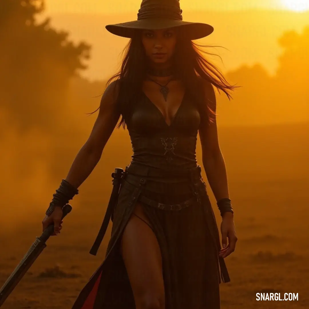 A captivating scene of Drusilla in a flowing dress, hat adorned, holding a sword and walking through a sunlit field at sunset. A mysterious figure, Drusilla, clad in an elegant long dress and a striking hat, gracefully navigates through a serene field as the sun sets, casting a warm golden glow in the background, while she confidently wields a sword.