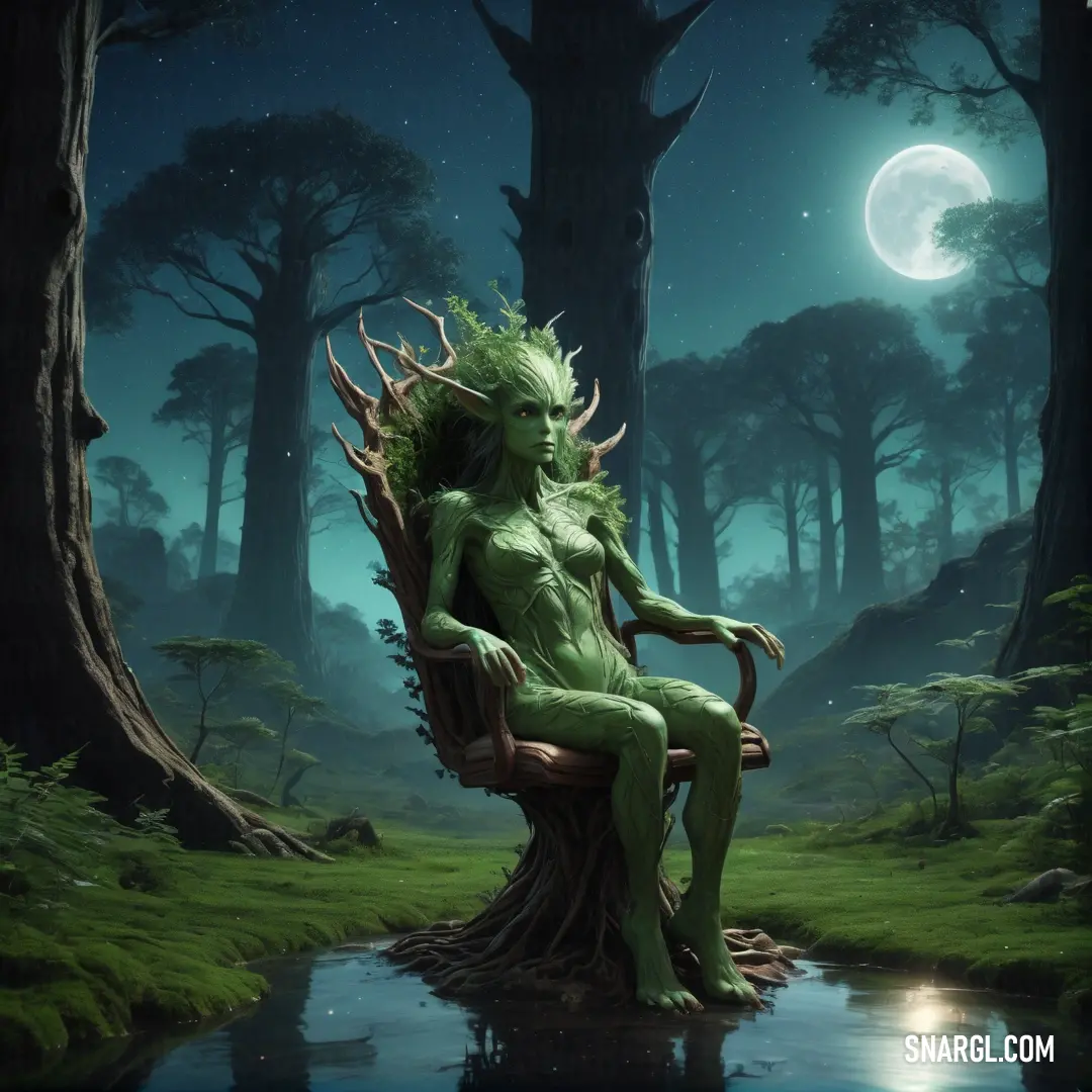 Dryad on a tree stump in a forest at night with a full moon in the background