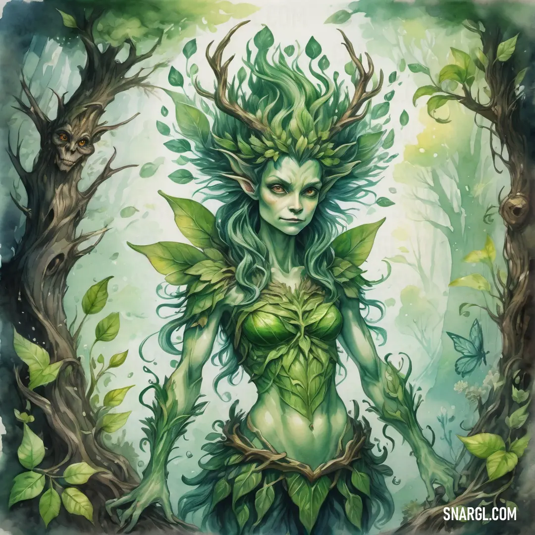 Painting of a female Dryad with green hair and leaves on her body