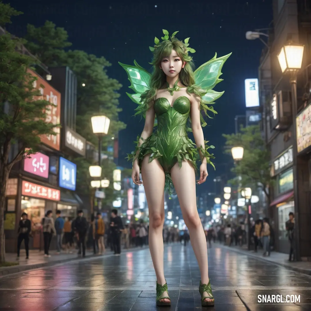Dryad dressed in a green fairy costume on a city street at night with people walking around and a lot of lights