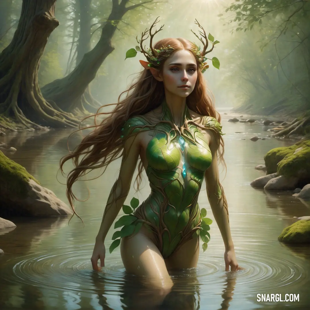 Dryad in a bodysuit in a river surrounded by trees and rocks with a sun shining through her hair