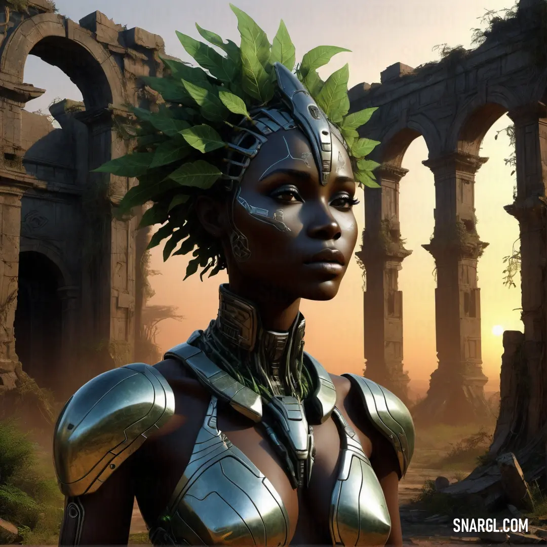 Dryad in a futuristic suit with a green plant on her head and a roman ruins in the background