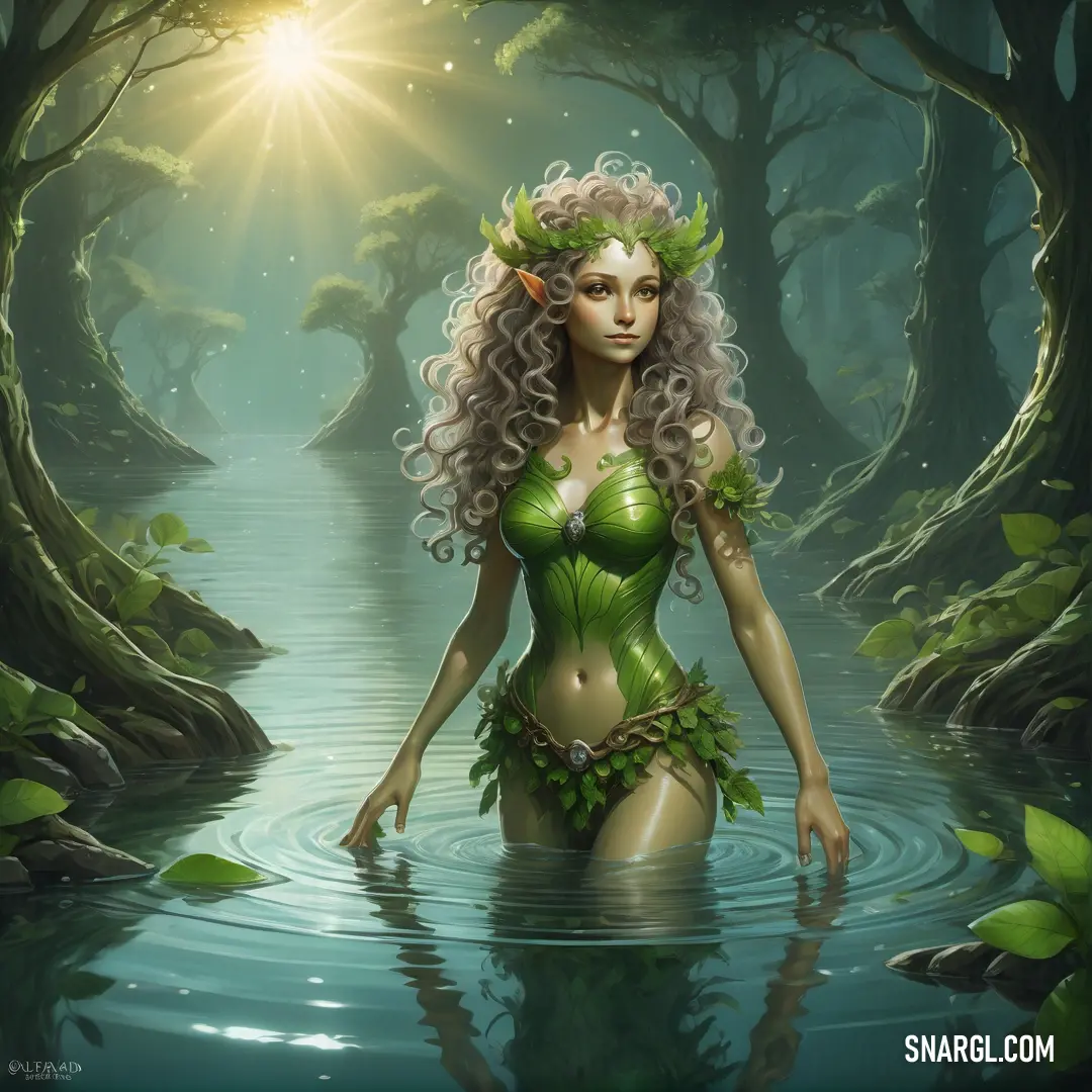 Dryad in a green costume is in the water with a sun shining behind her
