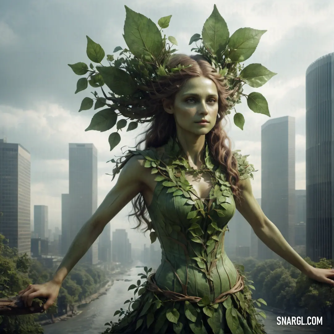 Dryad with a green dress and a leafy crown on her head stands in front of a river